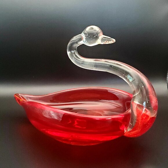Elegant Murano Style Red Glass Swan Trinket Dish Decor Collectible Vtg Handblown - Picture 2 of 7